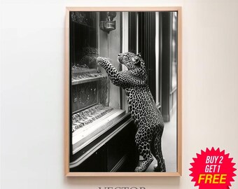 Panther in the Jewelry Shop Poster, Cheetah Print, Black and White, Vintage Photography, Fashion Print, Vintage Poster, 1950 Wall Art Poster