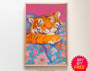 Printable Wall Art, Cute Tiger Vivid Maximalist Oil Painting, Dopamine Animal Pink Poster, Vibrant Preppy Art, Colorful Trendy Bedroom Print
