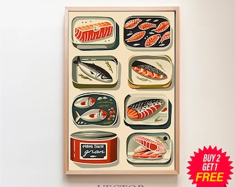 Stampa di set di sardine, arte della parete della cucina, stampa di sardine in latta, poster di cibo italiano, arredamento della sala da pranzo, arte alimentare retrò, arredamento della cucina retrò