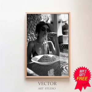 Woman Eating Spaghetti on Water Poster, Black and White Vintage Print, Italian Pasta Print, Kitchen Wall Art, Pasta Poster, Restaurant Decor