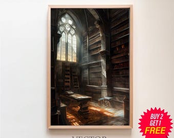 Gothic Library Print, Vintage Poster, Art Poster Print, Dark Academia, Reading Gifts, Gothic Victorian
