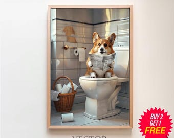 May include: A corgi dog wearing a red collar sits on a white toilet in a bathroom, reading a newspaper. The dog is looking at the camera. The toilet is in a white tiled bathroom with a white sink and a white towel rack. There is a basket of toilet paper rolls on the floor next to the toilet.