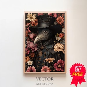 Plague Doctor Print, Vintage Poster, Art Poster Print, Dark Academia, Gothic Floral Print, Gothic Plague Doctor