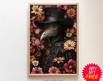 Plague Doctor Print, Vintage Poster, Art Poster Print, Dark Academia, Gothic Floral Print, Gothic Plague Doctor