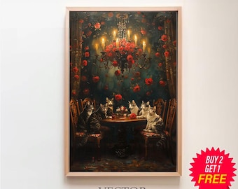 Cat sabbath in Victorian Mansion Dark Academia Cottagecore Antique Oil painting Moody Wall Art Decor Vintage Interior Scene Printable Art
