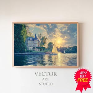Vintage Beach House Oil Painting, Coastal Summer Beach House Decor, Samsung Frame TV Art, Digital Download