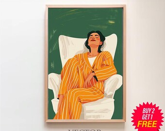 Green Yellow Abstract People Large Wall Art Contemporary Print Minimalist Print Living Room Wall Art  Digital Download Stripe Woman Print