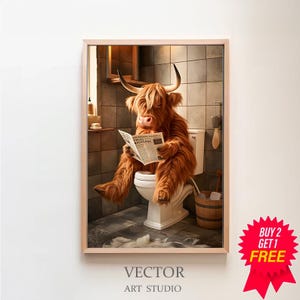 Scottish Highland Cow in Bathroom, Bathroom Humor, Funny Bathroom Print, Animal on toilet, Kids Bathroom, Whimsy Animal Art