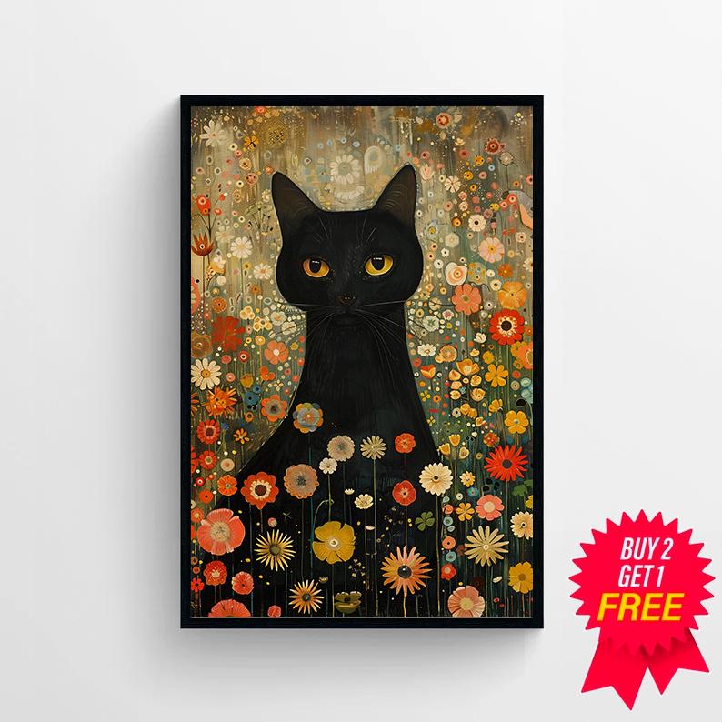 グスタフ・クリムト、庭の黒猫 ウォールアート プリント ポスター 額