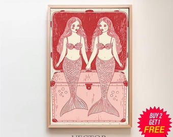 Stampa di sardine sirene, arte murale della cucina, stampa di latta di sardine, arte rossa e rosa, arredamento della sala da pranzo, arredamento retrò della cucina, arte retrò del cibo