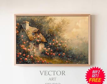 Cottage Oil Painting, Vintage Rose Garden Printable Wall Art, Digital Download, Impressionist Rustic Landscape Art Print