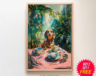 Impressão de Dachshund retrô, decoração de cozinha de cachorro e xícaras de chá vintage, pôster de ilustração de café, arte de parede de sala de jantar, mãe de cachorro, pintura de natureza morta