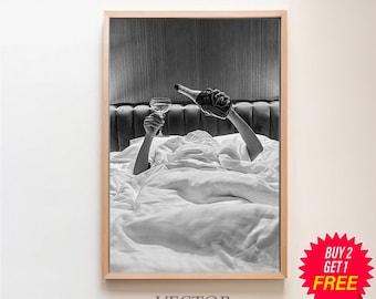 Woman Drinking Wine in Bed Print, Teen Girl Room Decor, Feminist Poster, Black and White, Alcohol Wall Art, Bar Cart Print, Digital Download