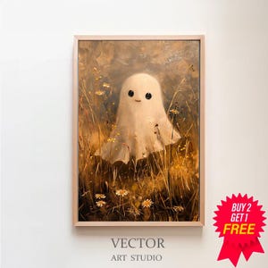 Cute Ghost on a Flower Meadow Vintage Painting, Spooky Farmhouse Halloween Decor, Art Digital Download, Ghost Halloween Edition