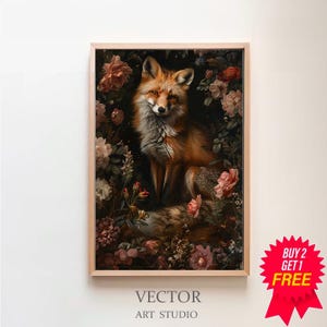 Fox in Deep Magic Forest core Dark Cottagecore Academia Floral Botanical Wall Art Decor Moody Retro Oil painting Printable Digital Download