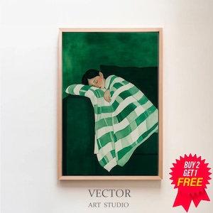 Emerald Green Abstract People Large Wall Art Contemporary Artwork Minimalist Print Living Room Wall Art Digital Download Stripe Woman Print