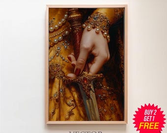 Victorian Aesthetic Princess Master Sword Art, Dark Moody Wall Art, Dark Academia Victorian Woman Royal Portrait, Baroque Oil Painting