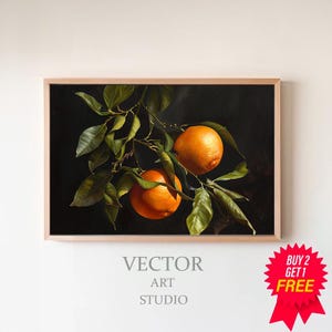 Impresión de frutas de color naranja y melancólico, pintura al óleo vintage de naturaleza muerta con cítricos, arte imprimible de árbol de naranjas oscuras con decoración rústica de granja, arte de pared para cocina