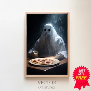 Fantasma comiendo pizza, cartel vintage, fantasma inquietante, impresión de cartel de arte, academia oscura, decoración de Halloween