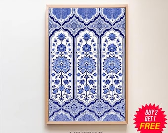 Vintage Tapestry Wall Art Print, Indian Scarf Art Print, Blue Floral Textile Wall Hanging, Textile Embroidery Art, Artful Pattern Printable