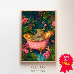 Printable Wall Art, Leopard In A Bathtub Maximalist Oil Painting, Colorful Trendy Kitsch Bathroom Print, Vivid Bold Dopamine Animal Picture