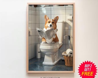 May include: A corgi dog wearing a collar sits on a white toilet seat in a bathroom, reading a newspaper. The dog is looking at the camera. The bathroom has white tile walls and a white toilet.