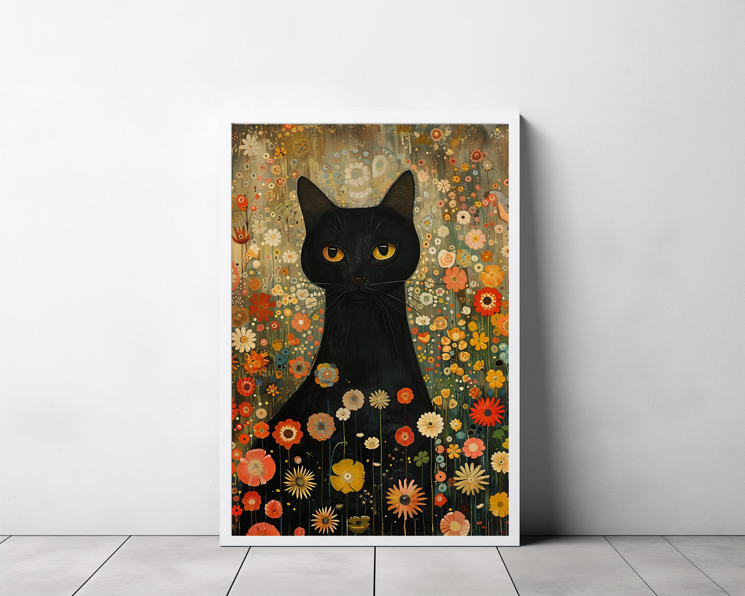 絵画 blackcat Gustav Klimt, Black Cat in A Garden Wall Art Print Poster Framed