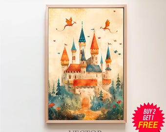 Fantasy Castle and Dragon Print ~ Kids Posters Decor Printable Whimsical Fairytale Art Magical Kingdom Instant Download ~ Nursery Wall Art