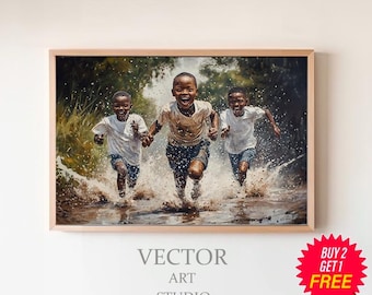 Bambini africani che giocano sotto la pioggia - Arte nera - Bambini africani che giocano - Arte africana - Arredamento africano - Regalo africano - Arte murale africana