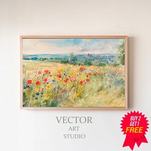 Samsung FRAME TV art Summer wildflower field by sea, Cottagecore tv art download, Vintage Spring field of flowers tv art warm tone