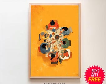 Ondersteunende community Art Print, divers cultureel erfgoed schilderij, poster samen eten, eten en familiekunstwerk, Home Sweet Home Decor