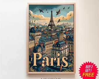 Vintage Paris Travel Poster - Colorful Paris Wall Art - Retro France Gift - Printable Digital Download