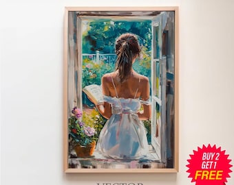 Woman Reading Portrait - Wall Art - Oil Painting - Vintage Style Décor - Digital Download - Neutral Tones - Printable