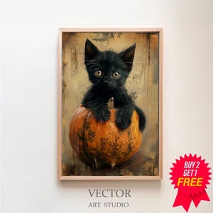 Vintage Cat Painting Halloween Print Halloween Wall Art Printable Vintage Rustic Decor Cute Black Cat in Pumpkin Halloween Painting