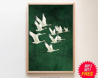 Kraniche im Flug auf Smaragdgrün, Japandi digitaler Download, Smaragdkunst, Japandi Dekor, Boho Vogel Kunst, grüne Kunst, Kranich Wandkunst