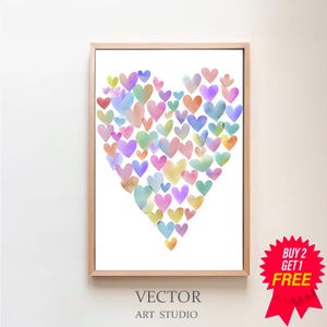 Può includere: Una stampa incorniciata con un design a cuore composto da numerosi cuori ad acquerello in tonalità pastello. L'opera d'arte è su sfondo bianco e incorniciata in legno chiaro. Il testo "VECTOR ART STUDIO" è in basso.