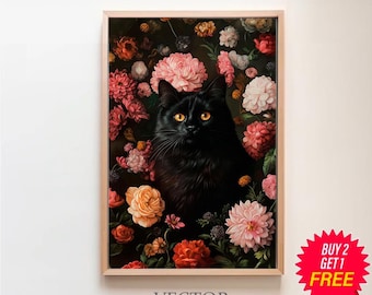 Black Cat and Flowers Gothic Floral Print, Dark Cottagecore Wall Art, Witchy Aesthetic, Botanical Vintage Painting Printable, Goth Decor