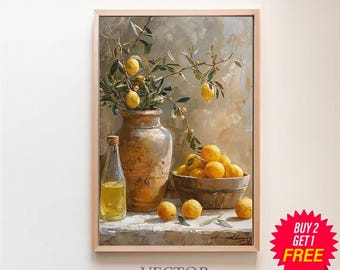 May include: A still life painting of a vase filled with lemons and a branch of lemon leaves. The vase is brown and has a textured surface. A clear glass bottle with a yellow liquid is next to the vase. A bowl of lemons is in the foreground. The painting is framed in a light wood frame.
