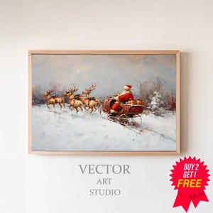 FRAME TV art Santa and Reindeer, Samsung Frame tv art Christmas painting download, Pink Christmas Frame tv art winter landscape