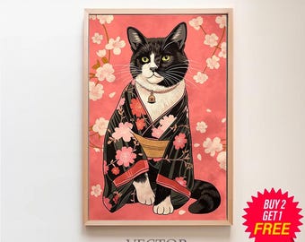 Imperfectly Perfect Feline Decor for Cat Lovers - Japanese Inspired Feline Illustration Print - Japanese Cat Poster