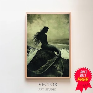 Dark Ocean Mermaid Seascape Art Painting, Dark Fantasy Fairytale Wall Art, Cottagecore Mermaidcore Siren Art Printable, Dark Arcademia Decor