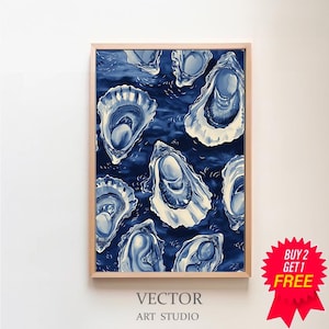 Blue Oyster Shell Painting | Abstract Coastal Beach House Wall Art | Summer Seafood Kitchen Print | Dining Room Printable Digital Download