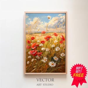 Spring Wildflower Field Landscape Printable Oil Painting Vintage Farm House, Art Digital Download, Spring Decor Country Field Landscape