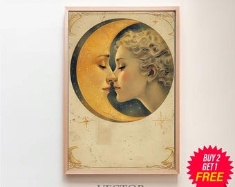 Mujer besando a la luna / Descarga digital / Arte vintage de la luna / Póster vintage de la luna / Arte celestial / Querida vieja Dixie Moon / Arte de la bruja lunar