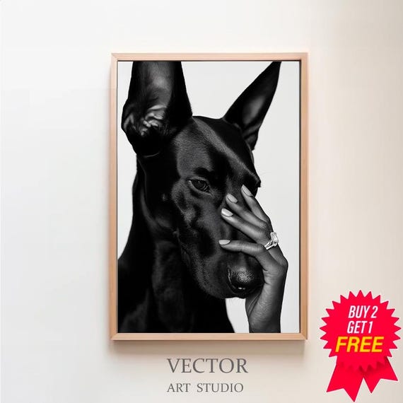 Disegno in bianco e nero del viso del cane Dobermann vettore con rose rosse Immagine e