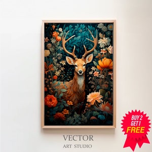 William Morris Inspired Deer Art Print, Nature Wall Art, Nature Prints, Kitchen Large Wall Art Canvas, Animal Prints, Forest Wall Art
