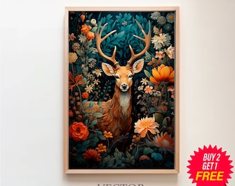 William Morris Inspired Deer Art Print, Nature Wall Art, Nature Prints, Kitchen Large Wall Art Canvas, Animal Prints, Forest Wall Art
