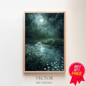 Impresión de paisaje nocturno de estilo cottagecore oscuro, arte de pared melancólico, pintura al óleo vintage con río iluminado por la luna, decoración de la academia verde, póster estético de luz de luna
