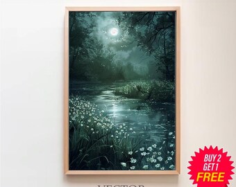 Night Landscape Dark Cottagecore Print, Moody Wall Art,moonlit River ...