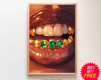 schwarze Kunst, schwarzes Mädchen Kunst, schwarze Frau Wandkunst, schwarze Wandkunst, schwarze Frau Kunst, schwarze Mädchen Wandkunst, urban digital Grillz, schwarzer Kunstdruck